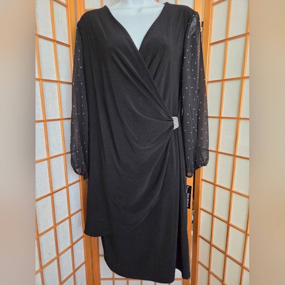NWT R&M RICHARDS BLACK STRETCH POLYESTER SHEATH ASYMMETRICAL EVENING DRESS 12